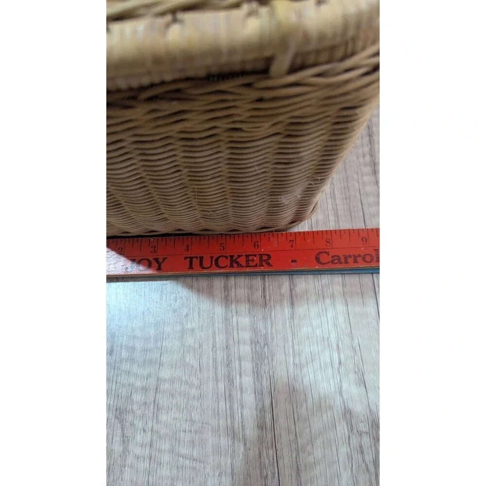 Vintage Floral Wicker Picnic Basket Double Lid Blue Handle Sewing Box 12x9x8
